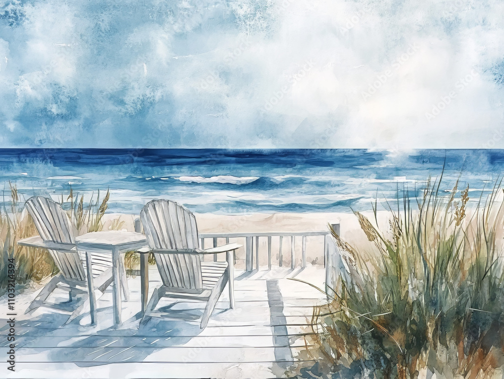 A large white wooden deck with beach chairs overlooking the ocean, painted in soft pastel colours. A large white wooden deck with beach chairs overlooking the ocean, painted in soft pastel colours.
