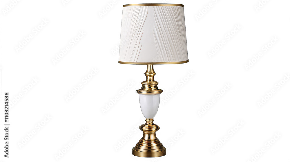 Elegant table lamp with pleated off-white shade and gold base. Elegant table lamp with pleated off-white shade and gold base.