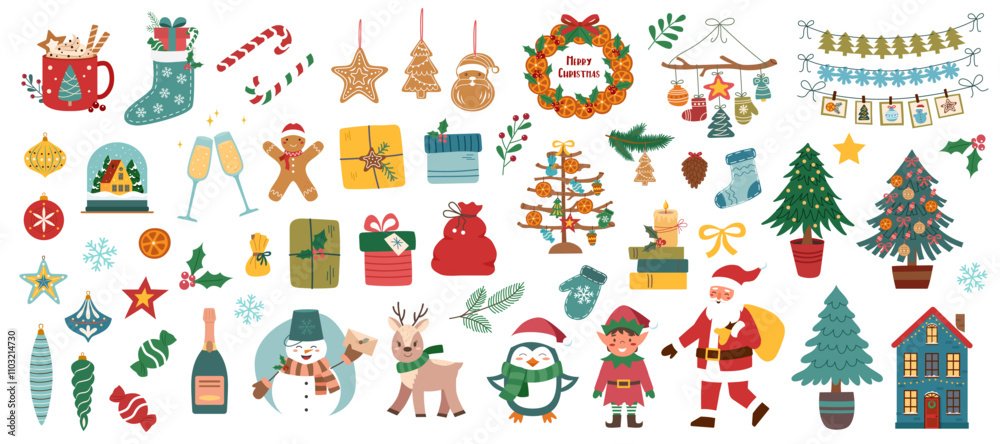 Naklejka premium Set of Christmas objects isolated on white background. Christmas elements collection. Vector clipart.