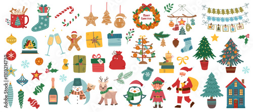 Set of Christmas objects isolated on white background. Christmas elements collection. Vector clipart. 