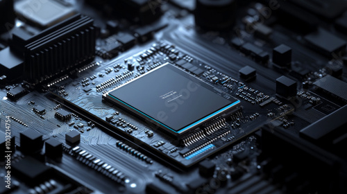 CPU of phone. Microchip, smd electronic components of mobile device on circuit board or motherboard. Digital Processor, parts of repair smartphone. Engineering and develop electronic microcontroller.