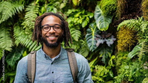 A nature-focused researcher documenting biodiversity, set on a bold green backdrop for innovation photo