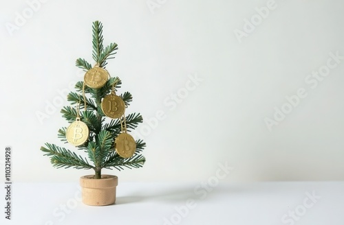 a small Christmas tree with Bitcoin coins as ornaments hanging from the branches on white background photo