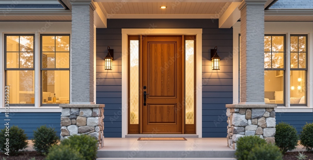 Beautiful Modern Home Entrance with Wooden Door and Stone Accents Beautiful Modern Home Entrance with Wooden Door and Stone Accents