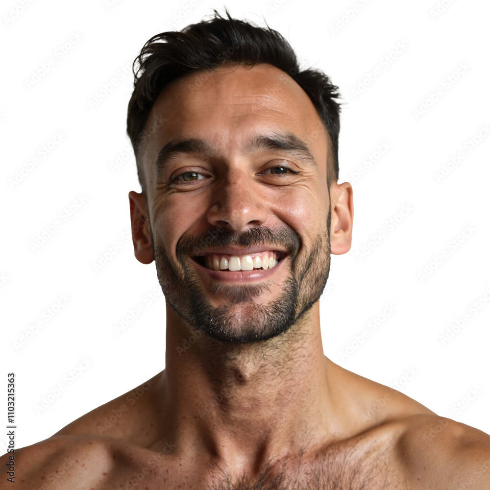 Portrait of a smiling shirtless man with dark hair and facial hair. He appears happy and confident. The background is transparent. Portrait of a smiling shirtless man with dark hair and facial hair. He appears happy and confident. The background is transparent.