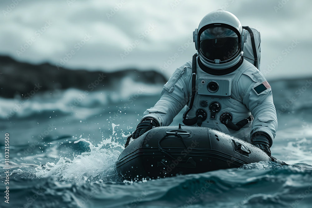 Naklejka premium An astronaut is riding a boat in the sea.