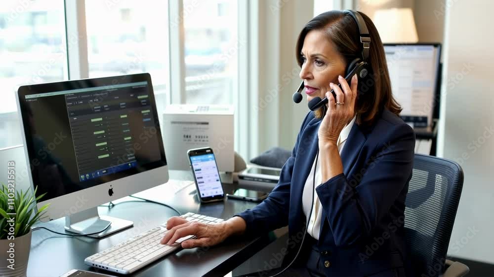 Professional mature woman working at desk with headset and multiple devices