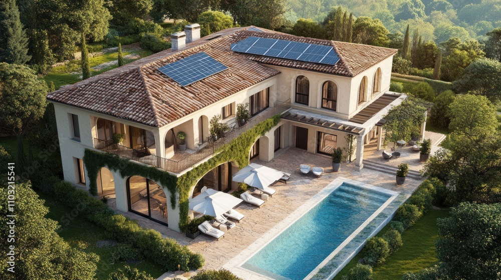 A modern villa with a pool, solar panels, and lush landscaping. A modern villa with a pool, solar panels, and lush landscaping.