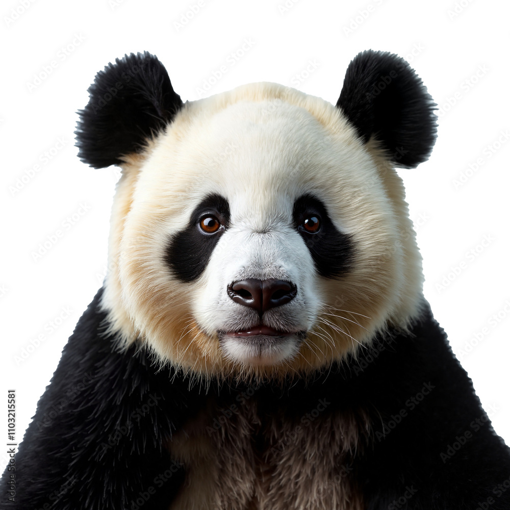 Close-up portrait of a panda bear's face. The panda's black and white fur and distinctive markings are clearly visible. The background is transparent. Close-up portrait of a panda bear's face. The panda's black and white fur and distinctive markings are clearly visible. The background is transparent.