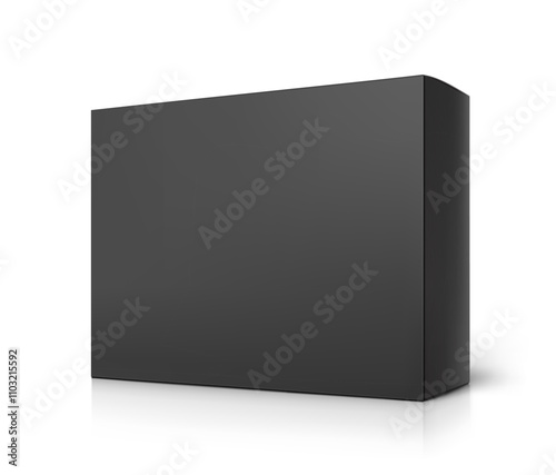 Realistic black closed paperboard box mockup. Vector illustration isolated on white background. Taking your 2D designs into 3D. Can be use for medicine, food, cosmetic and other. EPS10.