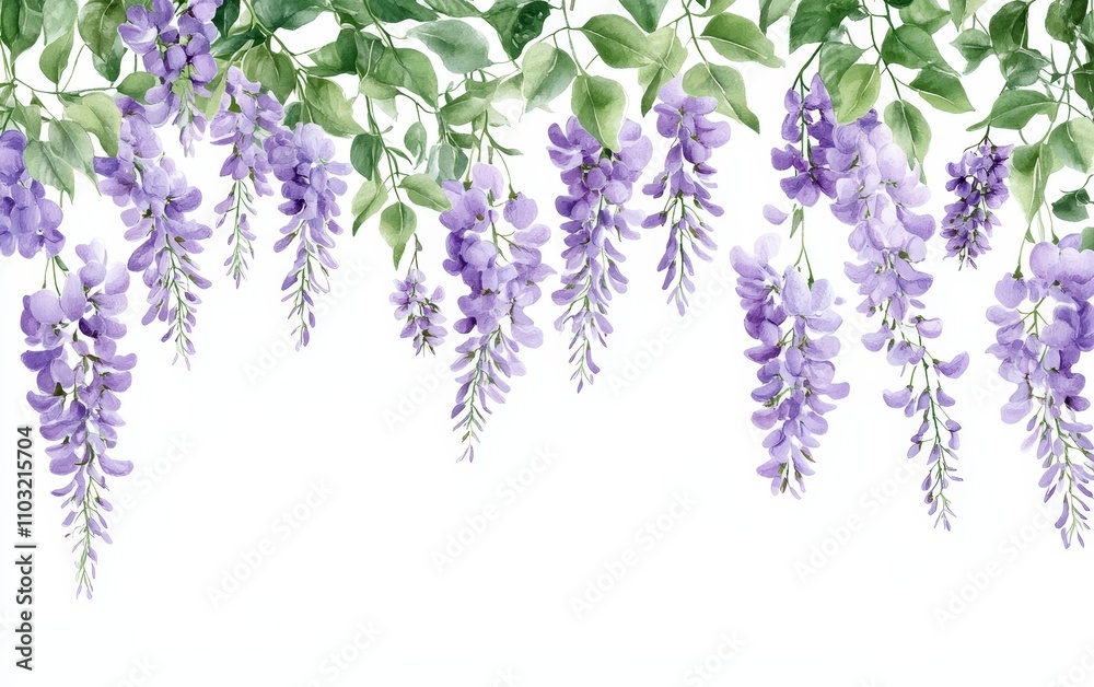 Watercolor painting of purple wisteria flowers cascading down from green vines, isolated on white background. Watercolor painting of purple wisteria flowers cascading down from green vines, isolated on white background.