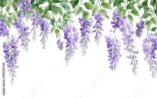 Watercolor painting of purple wisteria flowers cascading down from green vines, isolated on white background.