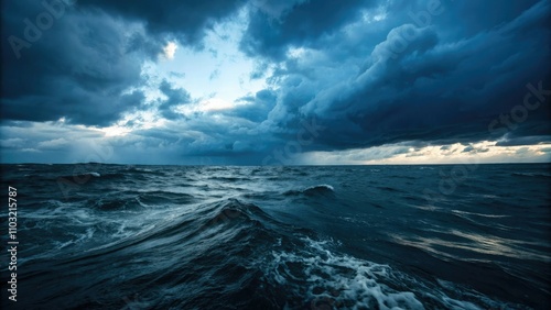 Dark Haunted Ocean Under a Gloomy Blue Sky - Scary Cloudy Background, Mysterious and Depressing Sea, Blur Texture, Horror Theme for Atmospheric Visuals photo