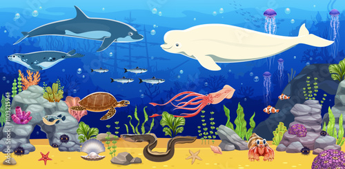 Cartoon underwater landscape with sea animals and sunken ship on ocean bottom vector background. Tropical coral reef fish, dolphin, crab and squid, beluga whale, squid and jellyfish characters