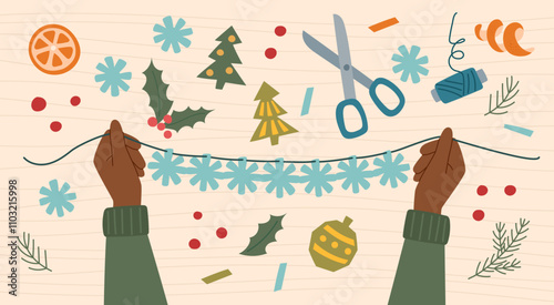 Sustainable Christmas concept. Eco friendly handmade decoration. Person makes ecological Christmas snowflake garland from paper.