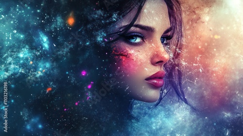 A cosmic portrait of a woman merged with a starry galaxy, evoking a sense of wonder.