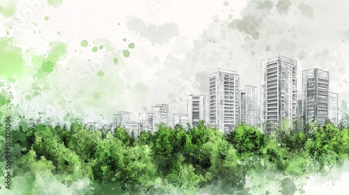  Hand drawn sustainable city with green buildings and energy photo