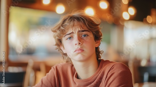 Pensive young boy in cafe with warm bokeh lights