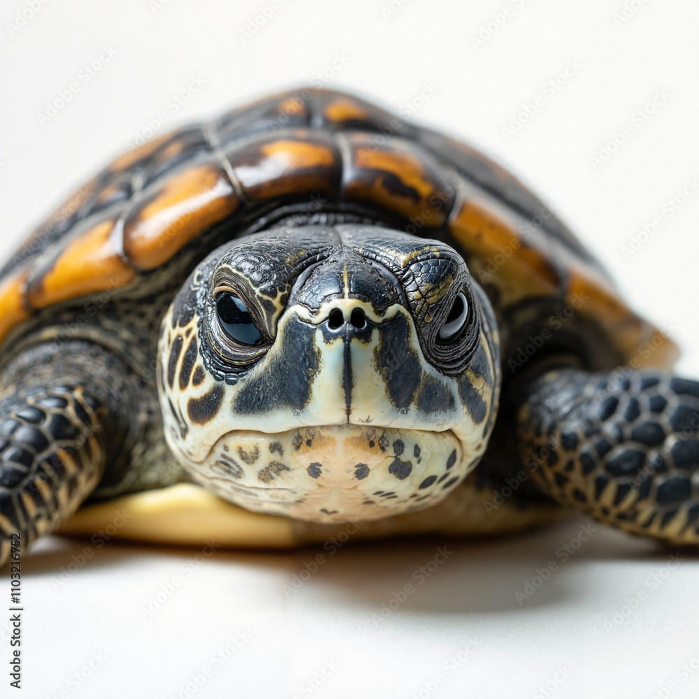 Close-up portrait of a turtle with an orange and black shell. The turtle's head, eyes, and beak are in sharp focus. The background is transparent. Close-up portrait of a turtle with an orange and black shell. The turtle's head, eyes, and beak are in sharp focus. The background is transparent.