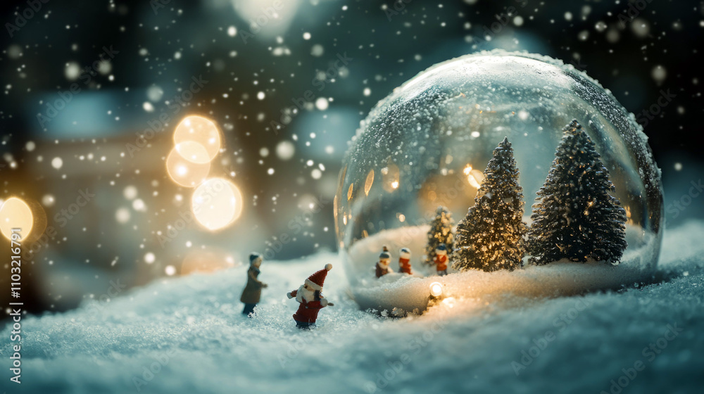 Fototapeta premium Miniature figures celebrate Christmas in a snow globe, a magical winter scene.