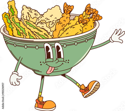 Cartoon retro groovy tendon donburi character. Isolated vector bowl of tempura over rice. Japan food personage with jovial expression, large eyes and friendly smile presenting traditional Asian meal