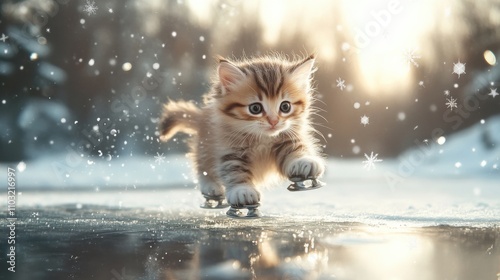 A realistic image of a playful kitten gliding on ice skates digital