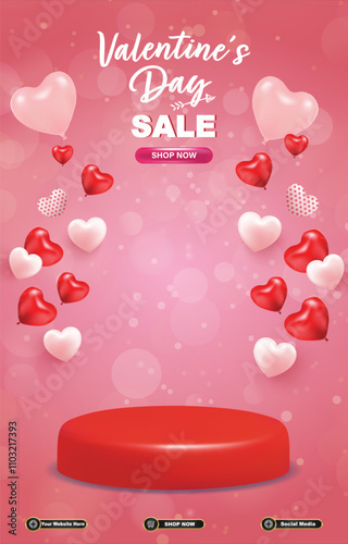 valentine sale discount portait template banner with blank space 3d podium for social media post product sale with abstract gradient red background design37