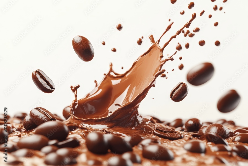 Fototapeta premium Close-up of a chocolate splash with coffee beans.
