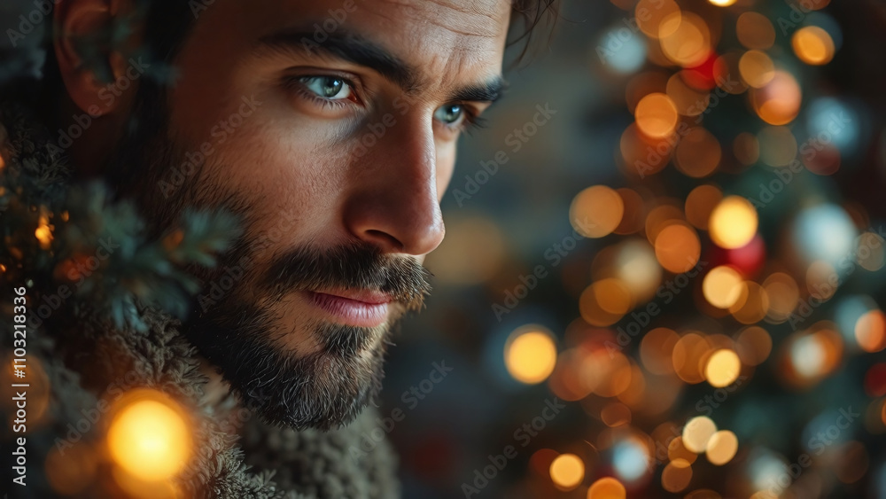 A man in a contemplative mood surrounded by Christmas decorations on a festive background A man in a contemplative mood surrounded by Christmas decorations on a festive background
