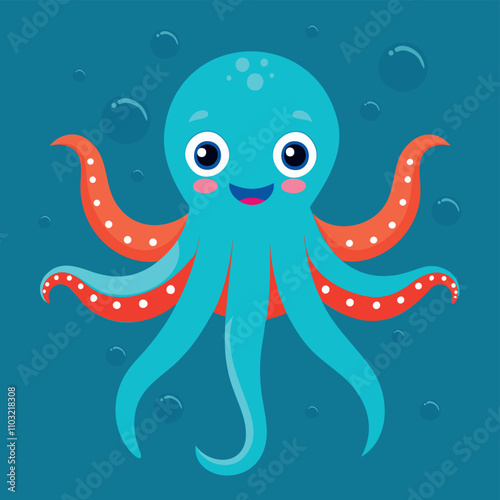 Funny smiling octopus isolated. Cute underwater pink animal with eight tentacles. Childish character. Cute baby octopus flat cartoon vector. photo