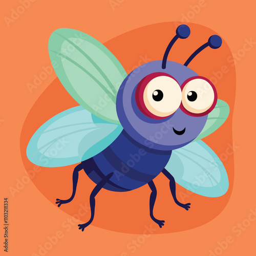 Funny Fly cartoon isolated. Cute and funny fly insect vector illustration cartoon. Housefly insect and cartoon black fly insect flat style. Funny little cartoon fly insect with big googly eyes.