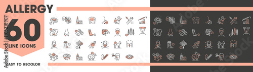 Allergy icons of asthma, fever or rhinitis as allergic symptoms or medical symbols, line vector. Allergy icons of allergens in food or pollen dust, eye itching symptoms, allergy tests and treatment