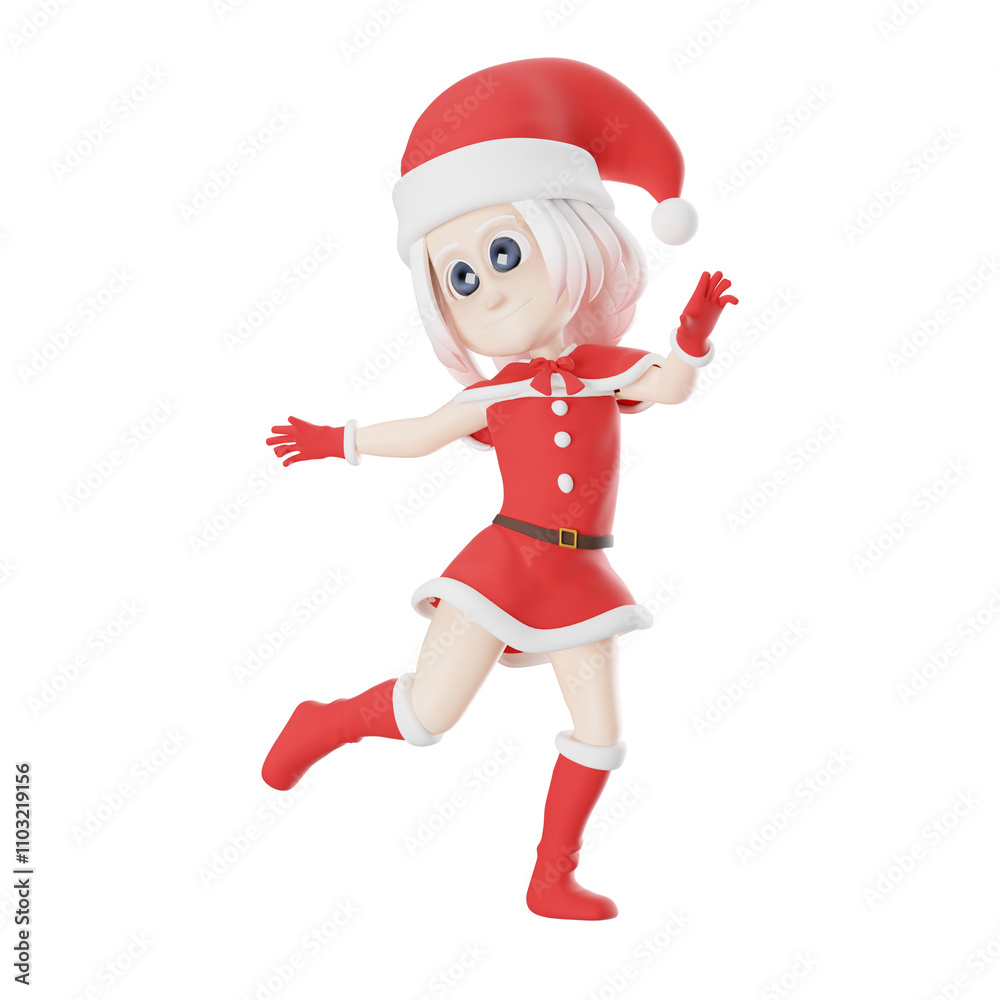 Santa Claus Girls 3D Cartoon Character. A Santa Claus girl walks with her right leg bent and both hands open upwards. Illustration Style Santa Claus Girls 3D Cartoon Character. A Santa Claus girl walks with her right leg bent and both hands open upwards. Illustration Style