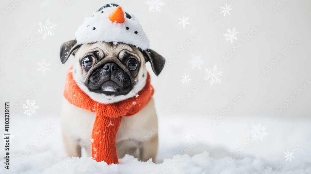 Cute pug dressed as a snowman, complete with a carrot nose digital Cute pug dressed as a snowman, complete with a carrot nose digital
