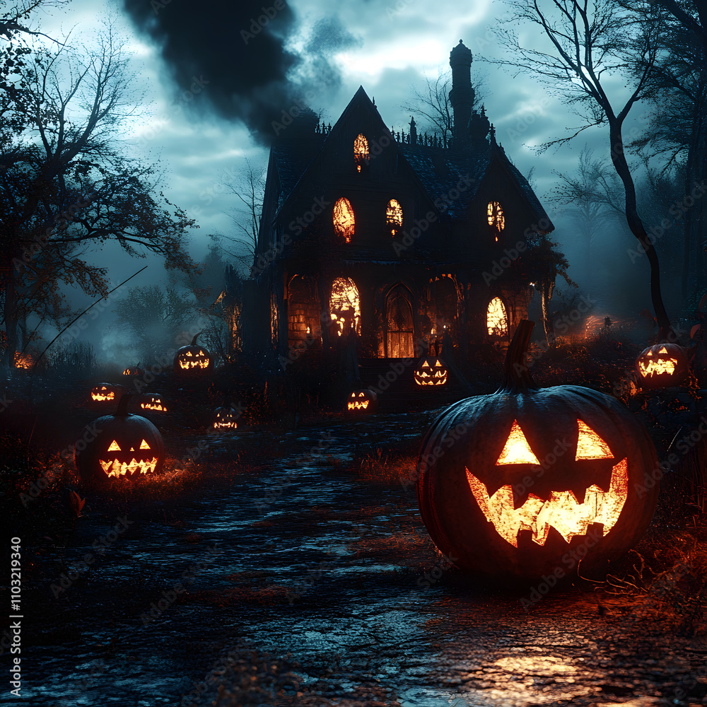 Halloween background with pumpkins and haunted house - 3d render. halloween background with evil pumpkin. spooky scary dark night forrest. Halloween background with pumpkins and haunted house - 3d render. halloween background with evil pumpkin. spooky scary dark night forrest.