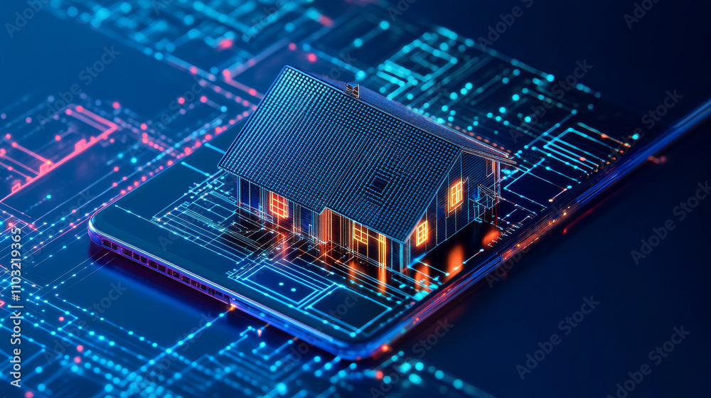 Obraz premium IOT isometric concept. mobile app of smart home controls Internet of things via phone. House automation system technology.