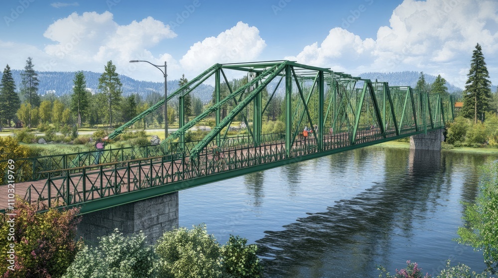 Fototapeta premium Scenic Green Bridge Over Calm River Surrounded by Lush Nature