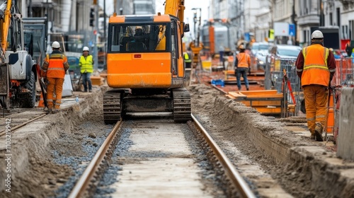 Construction Site with Heavy Machinery and Workers in Safety Gear