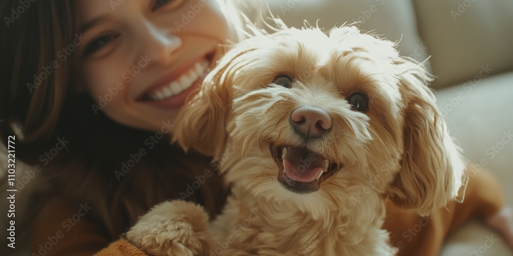 Happy Puppy with Human in Blurred Background Happy Puppy with Human in Blurred Background
