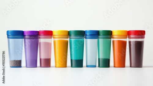 Colorful Containers Filled with Various Substances on a White Background