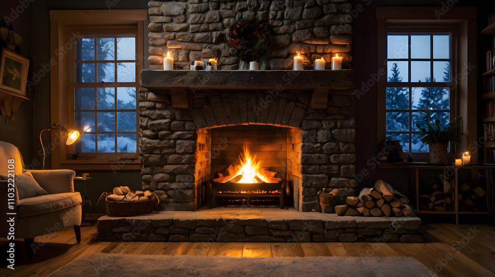 fireplace with christmas decorations, bedroom with fireplace, living room with fireplac, relaxing, ai generated