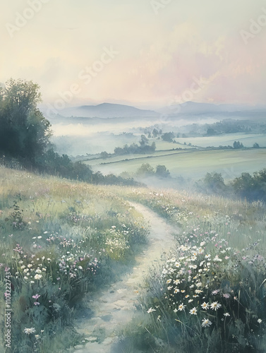 A misty morning in the English countryside, with wildflowers dotting an open field and distant hills shrouded by fog. 