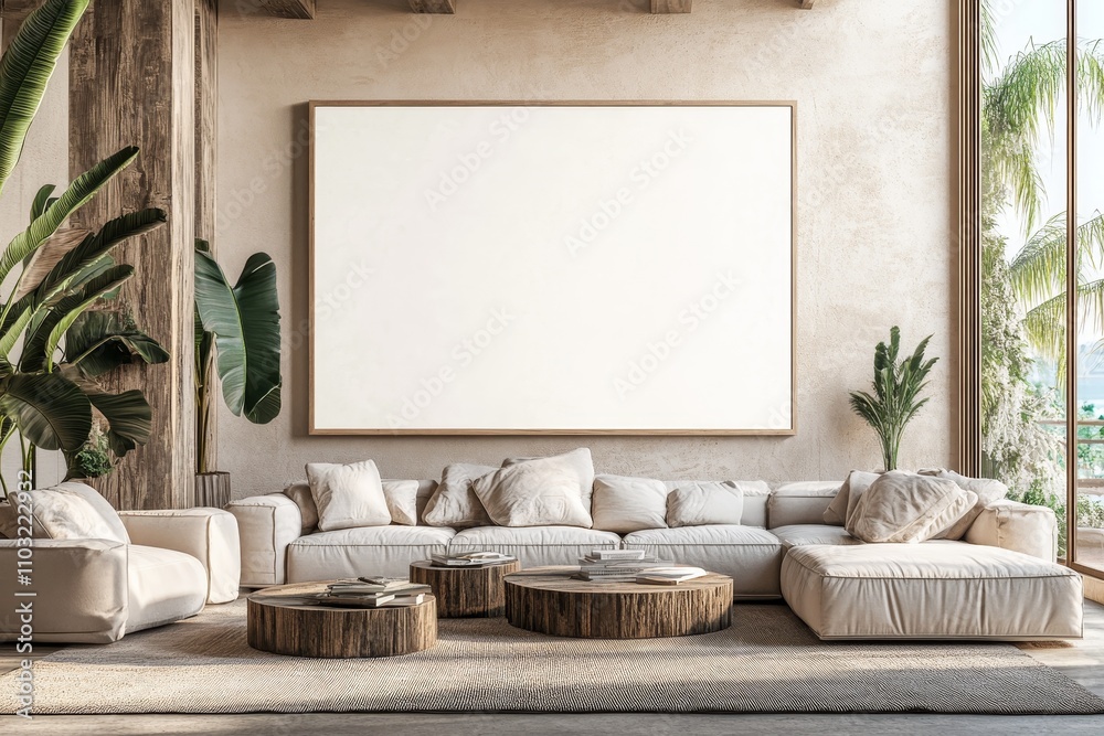 Modern living room with large blank canvas mockup, wooden coffee tables, beige sofa, and large windows overlooking tropical landscape. Modern living room with large blank canvas mockup, wooden coffee tables, beige sofa, and large windows overlooking tropical landscape.
