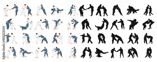 Professional judokas silhouettes in training. Judo athletes black