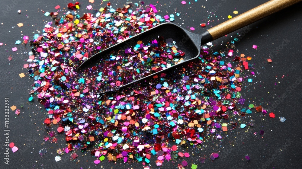 Colorful Glitter Spread on Dark Surface with Gardening Tool Colorful Glitter Spread on Dark Surface with Gardening Tool