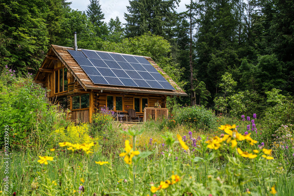 A rustic wooden cabin nestled in lush greenery, adorned with solar panels, surrounded by vibrant wildflowers and tall trees creating a serene, eco-friendly atmosphere A rustic wooden cabin nestled in lush greenery, adorned with solar panels, surrounded by vibrant wildflowers and tall trees creating a serene, eco-friendly atmosphere