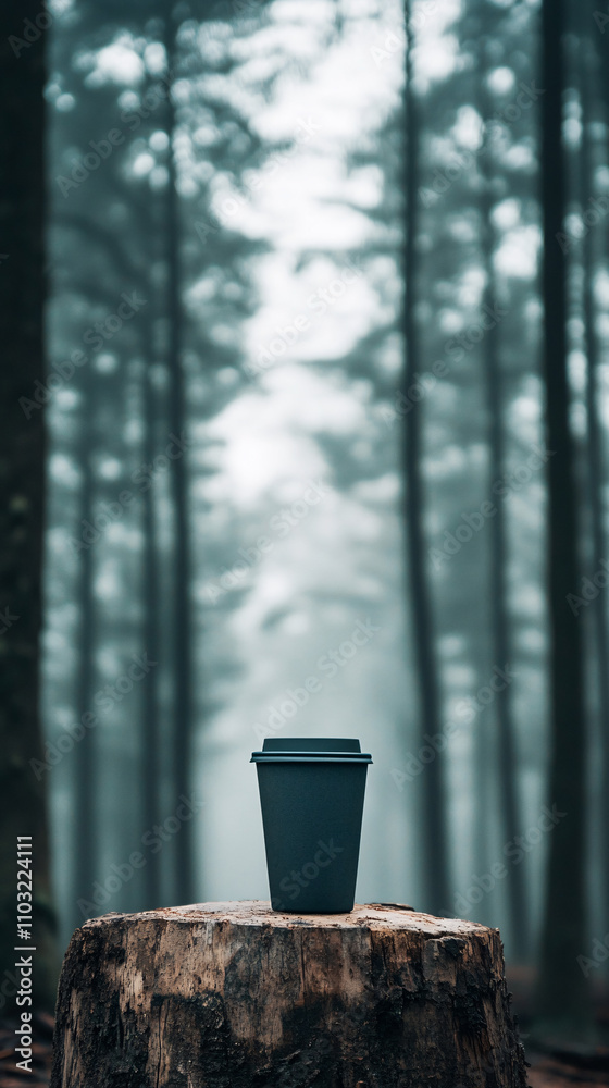 A single reusable coffee cup stands on a tree stump in a foggy forest, surrounded by tall trees that create a serene, minimalist atmosphere A single reusable coffee cup stands on a tree stump in a foggy forest, surrounded by tall trees that create a serene, minimalist atmosphere