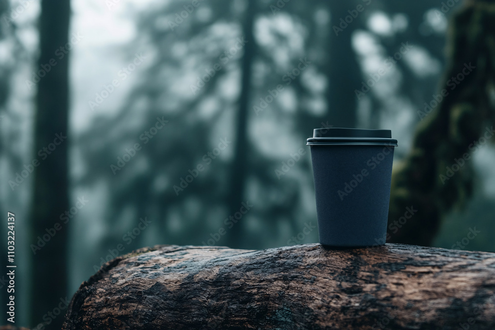 A minimalistic view of a reusable coffee cup on a log surrounded by a misty forest evoking serenity and simplicity A minimalistic view of a reusable coffee cup on a log surrounded by a misty forest evoking serenity and simplicity