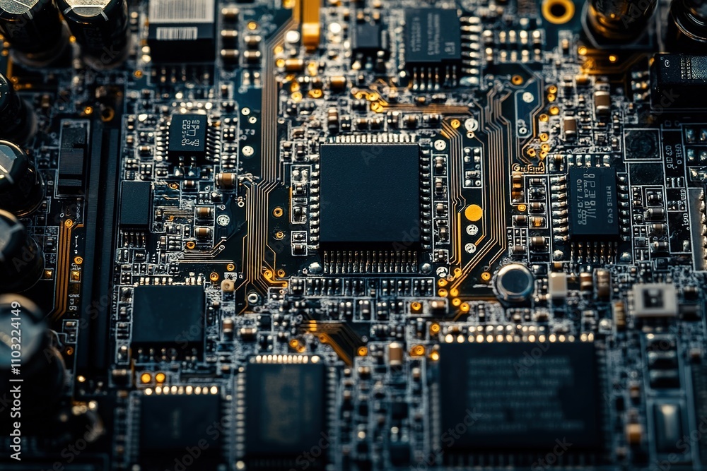Detailed circuit board with microchips, resistors, and connector Detailed circuit board with microchips, resistors, and connector