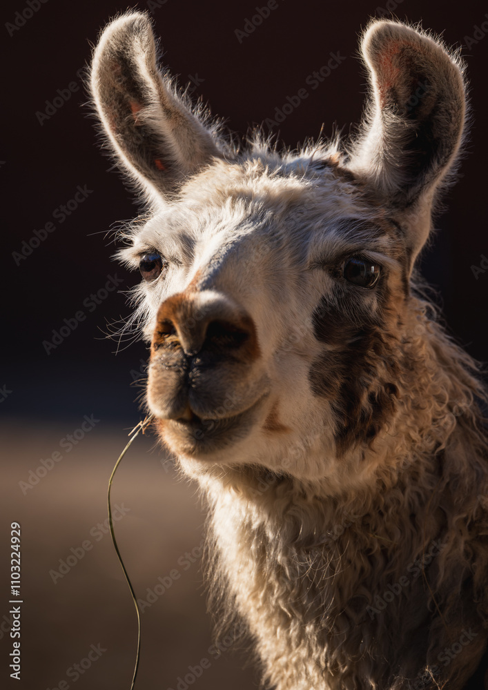 Obraz premium Llama head illuminated by sunlight against a blurred background. Close-up.